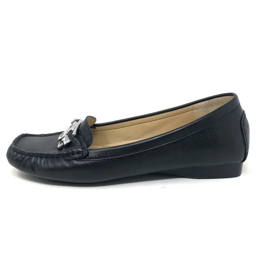 Michael Kors Lillian Loafer Womens Size 6 Black Leather Signature Silver MK Moc